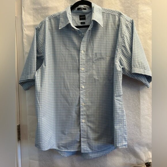 Arrow poplin mens cotton button up short sleeve plaid shirt Sz-16-16-1/2 L. W16 - Picture 3 of 9